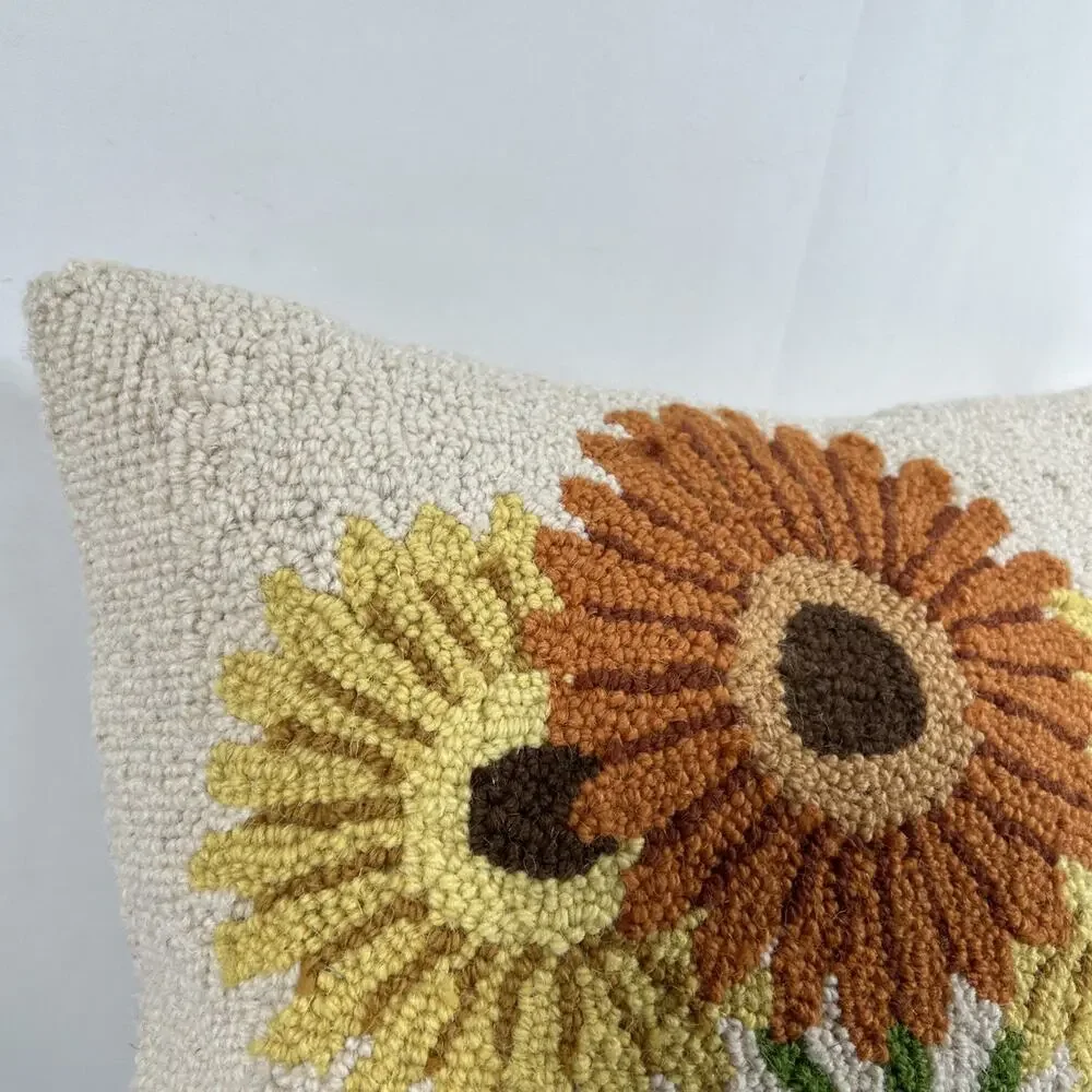 Autumn Fall Sunflower Flower Hook Wool Front Cotton Back Throw Pillow 16